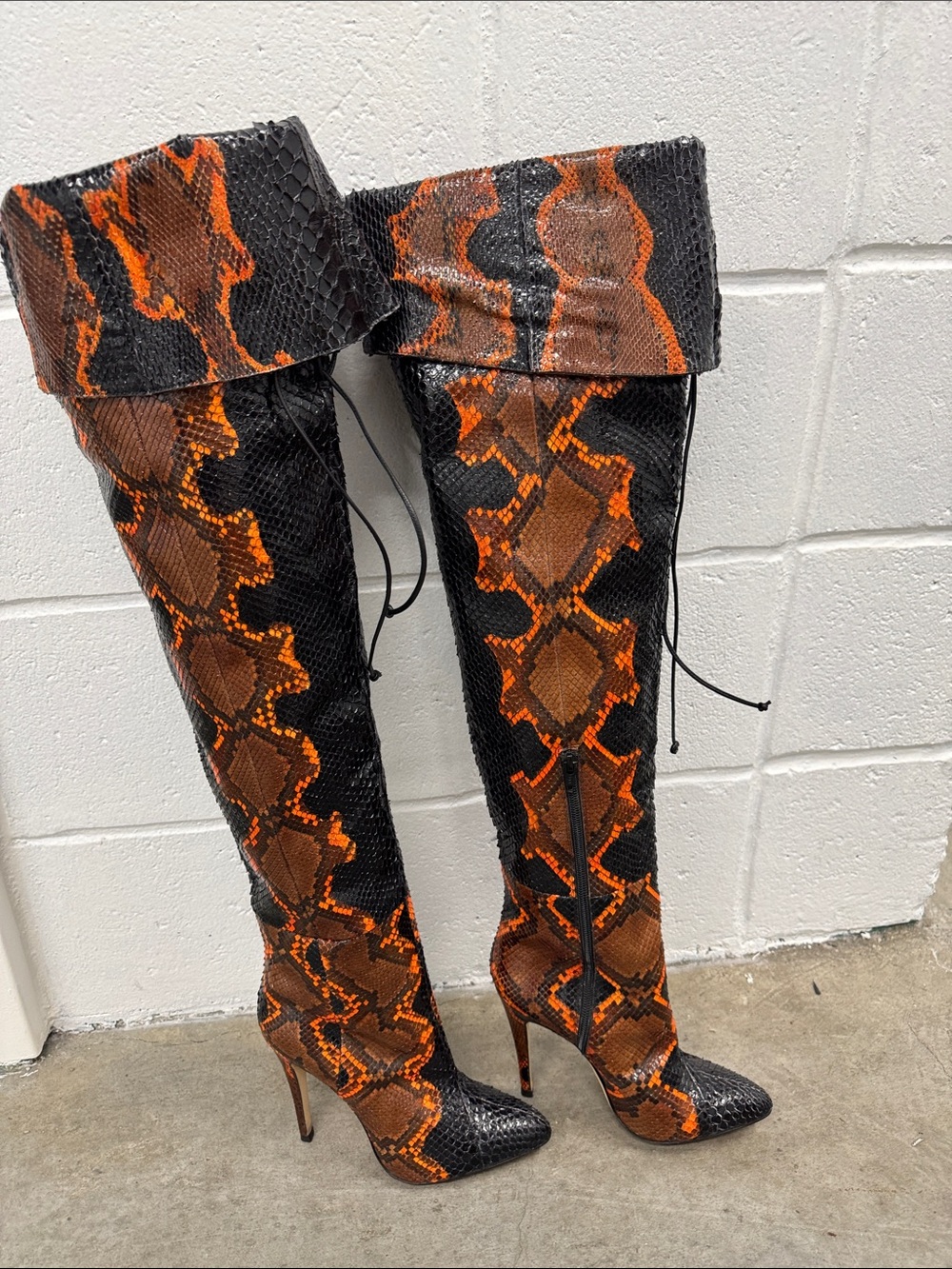 Brian Atwood Black and Orange Snake-Print Over-the-Knee Stiletto Boots - Picture 3 of 9